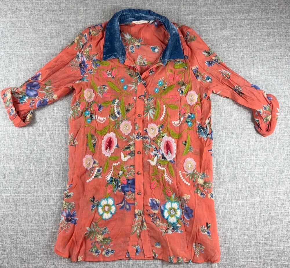 Soft Surroundings M Embroidered Floral Tunic Blouse Velvet Collar Boho Orange